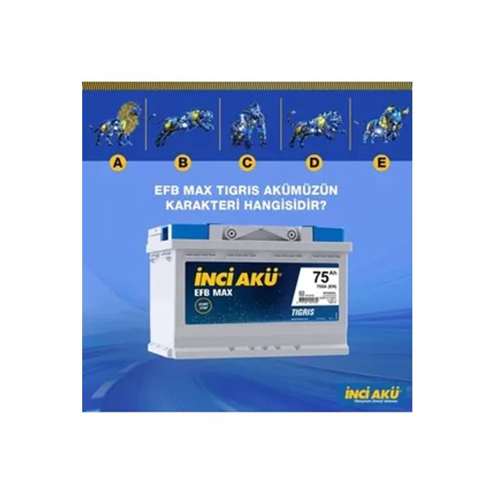 İNCİ AKÜ 12 75 AH 750 EN L 3 STAR STOP EFB MAX TİGRİS AKÜ