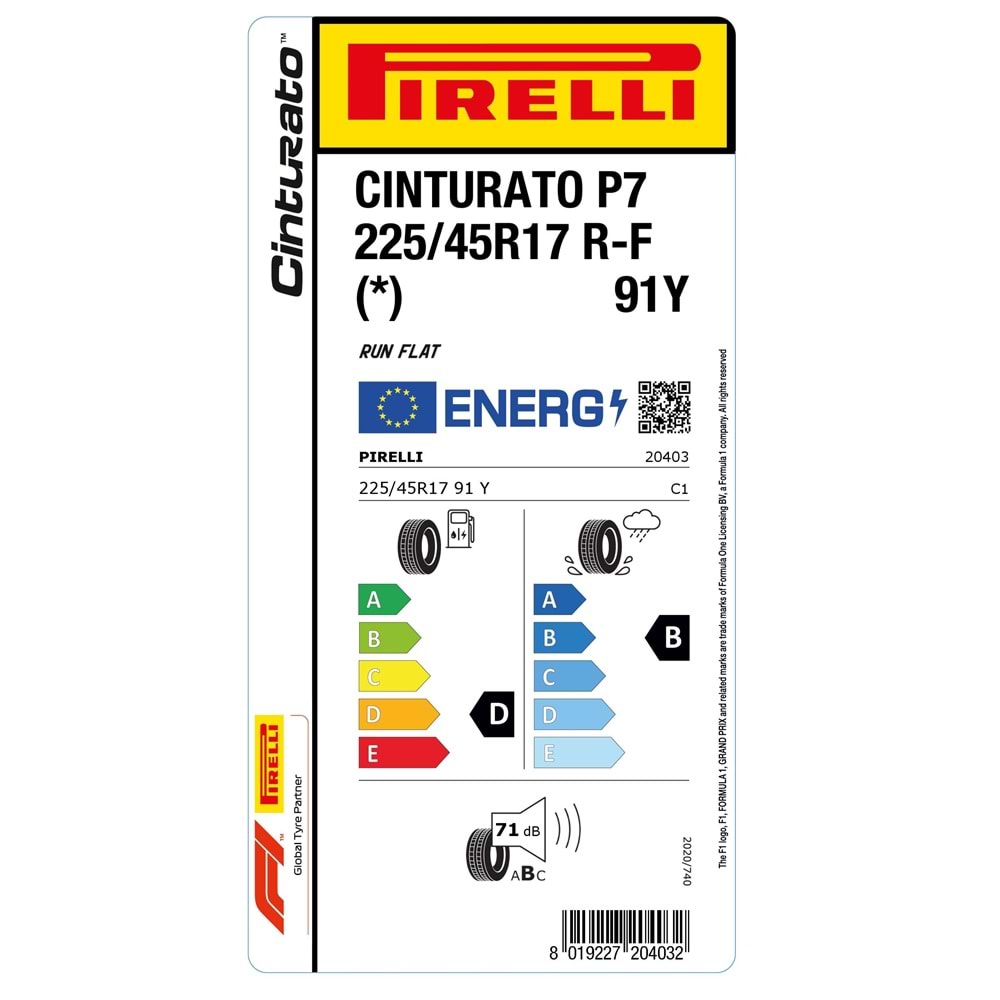 PİRELLİ 225/45R17 91Y R-F (*) CINTURATO P7 (D-B-71) RUN FLAT BMW