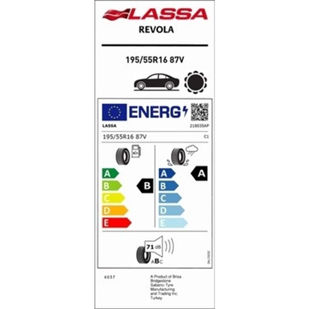 LASSA 195/55R16 87 V REVOLA (B-A-71) ELT LASTİK 41/24