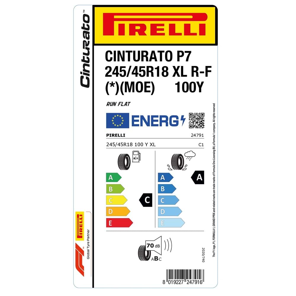 PİRELLİ 245/45R18 100Y XL R-F P7 CiNTURATO (*) (MOE) (C-A-70) BMW-MERCEDES LASTİK 2025