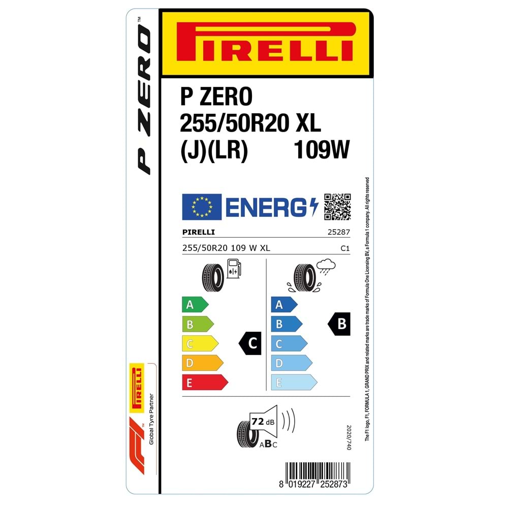 PİRELLİ 255/50R20 109W XL P ZERO (J) (LR) (SUV) (C-B-72) LASTİK 2025