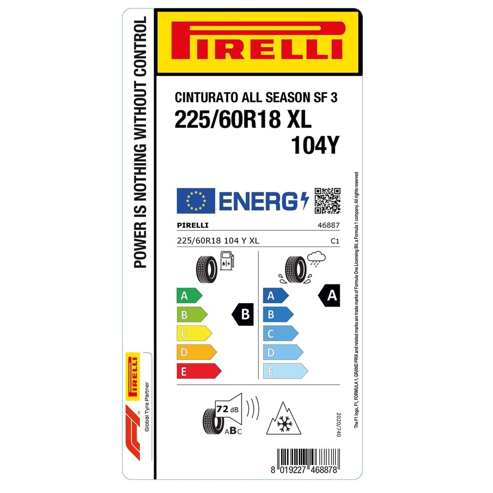 PİRELLİ 225/60R18 104Y XL CINTURATO ALL SEASON SF3 (B-A-72) LASTİK 2025