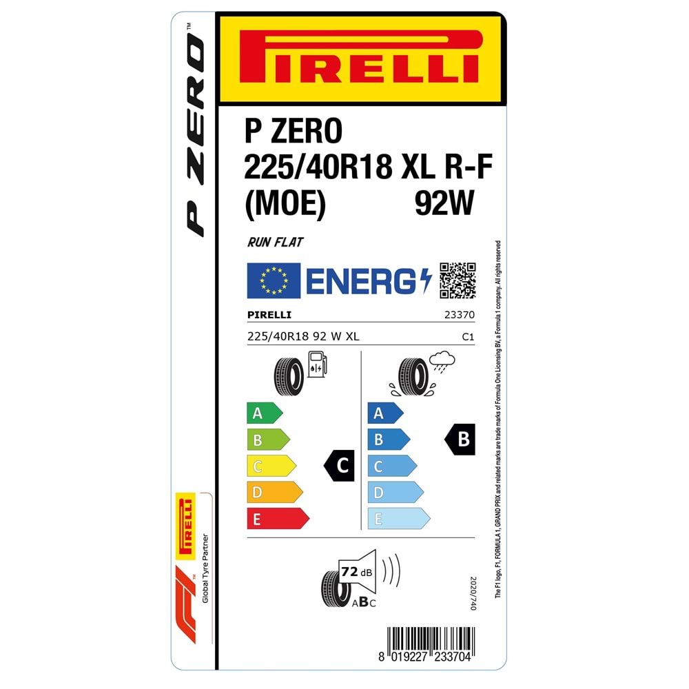 PİRELLİ 225/40R18 92W XL R-F P ZERO (MOE) (C-B-72) MERCEDES LASTİK 22/25