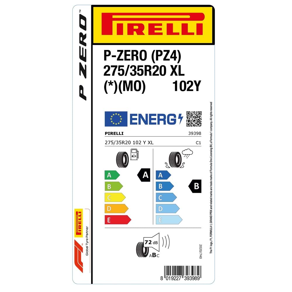 PİRELLİ 275/35R20 102Y XL (*)(MO) MERCEDES BMW P-ZERO (PZ4) (A-B-72) LASTİK 38/24