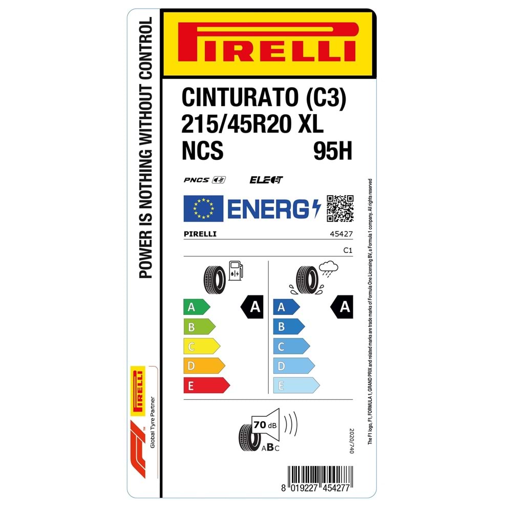 PİRELLİ 215/45R20 95H XL ncs elt CINTURATO (C3) (A-A-70) LASTİK 2025